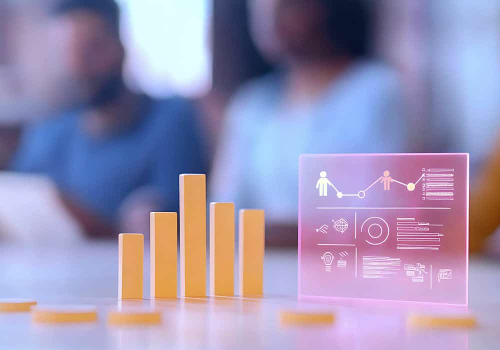 Futuristic holographic data analytics display with bar charts and graphs for business insights.